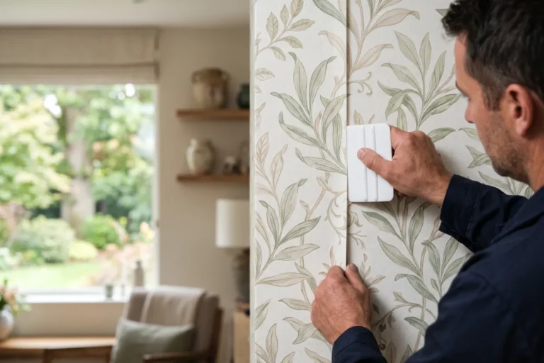 Installer pressing a wallpaper seam flat with a smoothing tool